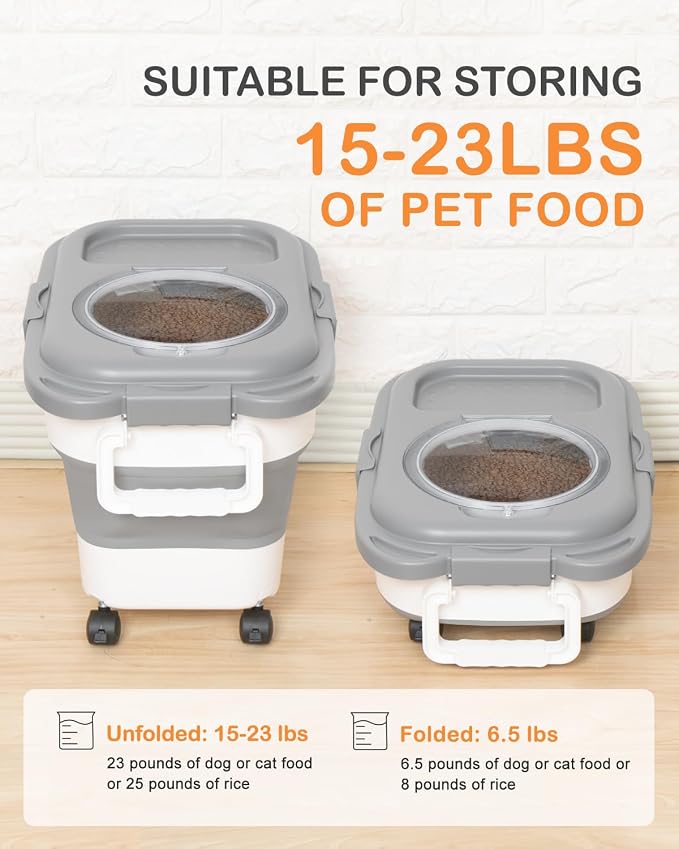 15-23 Lbs Dog Food Storage Container Airtight,Collapsible Pet Food Storage | Dog Food Container with Double Seal & Magnetic Lid,Cat Food Container with Wheels & Handle for Easy Moving,Small Jar,Scoop