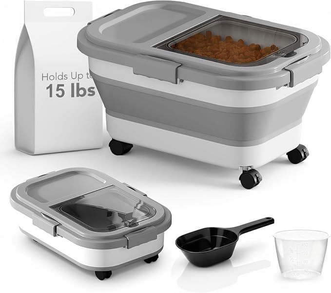 Summark 15 Lbs Dog/Cat Food Storage Container,Collapsible Food Storage Containers with Rolling Wheel Airtight Locking Lid,Pet Food Storage Container with Cup and Scoop,Grey