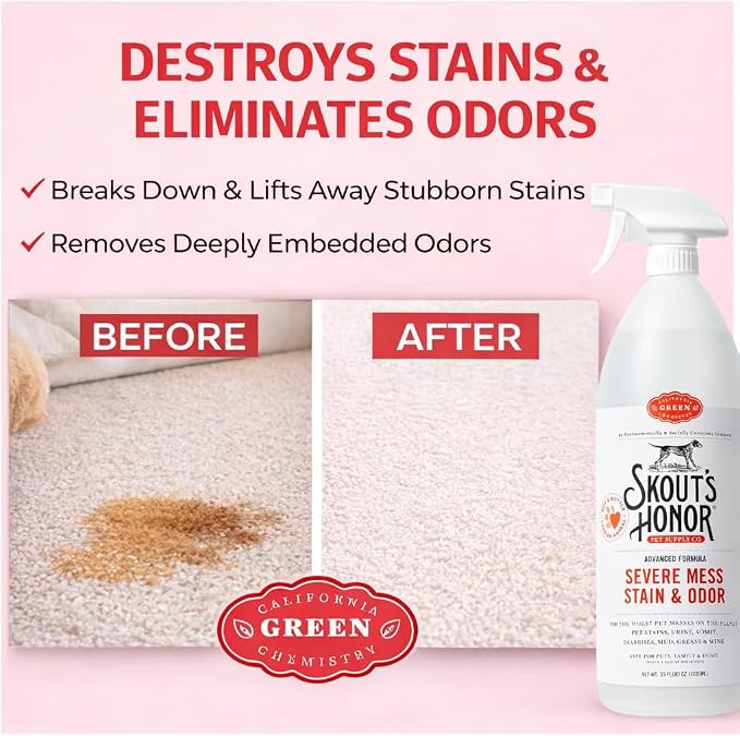 SKOUT'S HONOR Severe Mess Stain and Odor Remover, 35 oz | Advanced Stain and Carpet Cleaner for Dog Urine, Poop, Vomit and Toughest Pet Messes, Professional-Strength