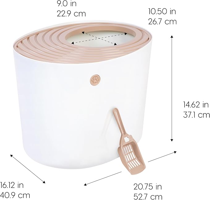 IRIS USA Large Cat Litter Box with Lid, Top Entry Design, Covered Enclosure, Dog Proof, Litter Scatter Control, Odor Reducing, Includes Scoop for Indoor Cats & Kittens, Beige/White, Made in the USA
