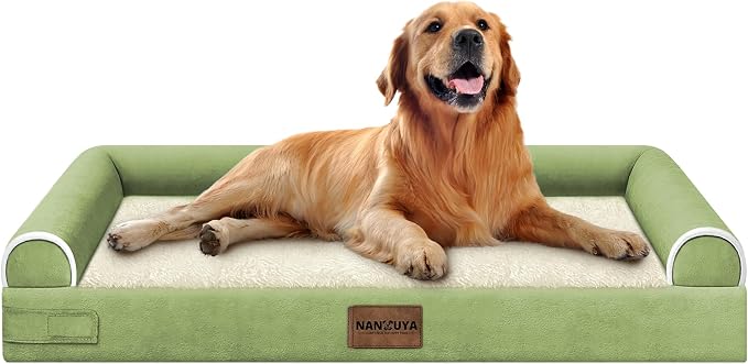 NANUYA Orthopedic Dog Bed for X-Large Dogs, 40 x 32 Inch, Grass Green | Egg crate foam for joint support, 3-sided bolster pet sofa, waterproof lining, washable cover, and non-skid base