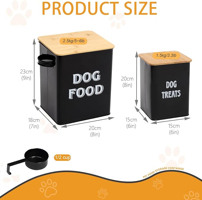 Pethiy Dog Food and Treats storage tin Containers Set with Scoop for Dogs-Tight Fitting Wood Lids-Coated Carbon Steel-Storage Canister Tins-Black