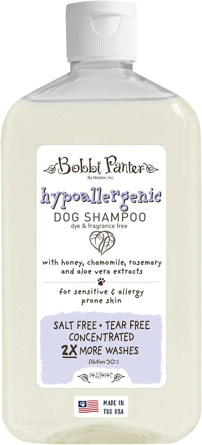 Bobbi Panter Hypoallergenic Dog Shampoo Honey, Aloe Vera, Chamomile & Rosemary – Dye & Fragrance Free Natural Formula for Sensitive & Allergy Skin, Tear-Free, 30:1 Concentrate, 14 oz (Case of 12)