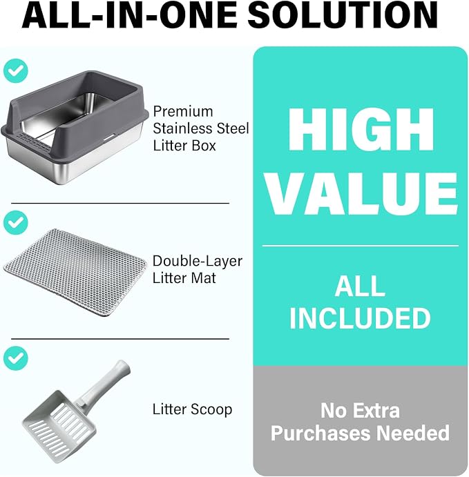 Stainless Steel Litter Box, XL Metal Litter Box with High Sides Lid, Extra Large Cat Litter Boxes for Big Cats, Anti-Urine Leakage, Never Absorbs Odors, Easy Cleaning, Non-Stick, Include Scoop and Mat