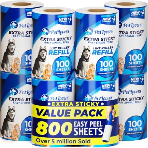 PetLovers Extra Sticky Lint Roller Mega Value Set for Pet Hair Removal, Dog and Cat Lint Remover (8 Pack Refills)