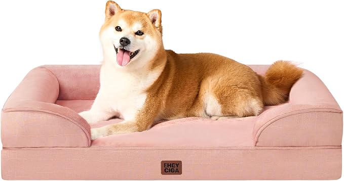 EHEYCIGA Orthopedic Dog Beds for Large Dogs, Waterproof Memory Foam Large Dog Bed with Sides, Non-Slip Bottom and Egg-Crate Foam Pet Couch Bed with Washable Removable Cover, Dusty Pink，36x27