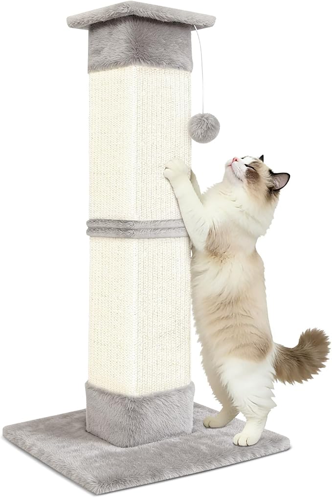 Cat Scratching Post 33 inch for Indoor Cats, Sisal Cat Scratcher, Vertical Posts with Dangling Ball, High Cat Scratch Post, Cat Tree for Full-Body Stretching, Protect Your Furniture, Light Grey