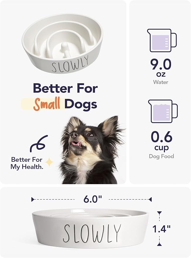 LE TAUCI PET Ceramic Slow Feeder Dog Bowls Small Breed, 0.6 Cups Dog Food Dish for Fast Eaters, Puzzle Bowl for Small Dogs and Cats,White