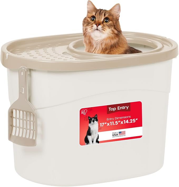 IRIS USA Large Top Entry Cat Litter Box with Lid, Enclosed Covered Cat Litter Box for Indoor Cats, Dog Proof Design, Odor Control, Litter Tracking Reduction, Scoop Included, White/Beige