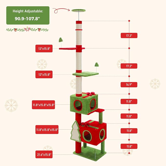 PEQULTI 90.9''-107.8'' Floor to Ceiling Cat Tree for Large Indoor Cats, Tall Christmas Cat Tower with 2 Spacious Condos, Bow Toy and Sisal-Covered Scratching Post & Pad Red/Green