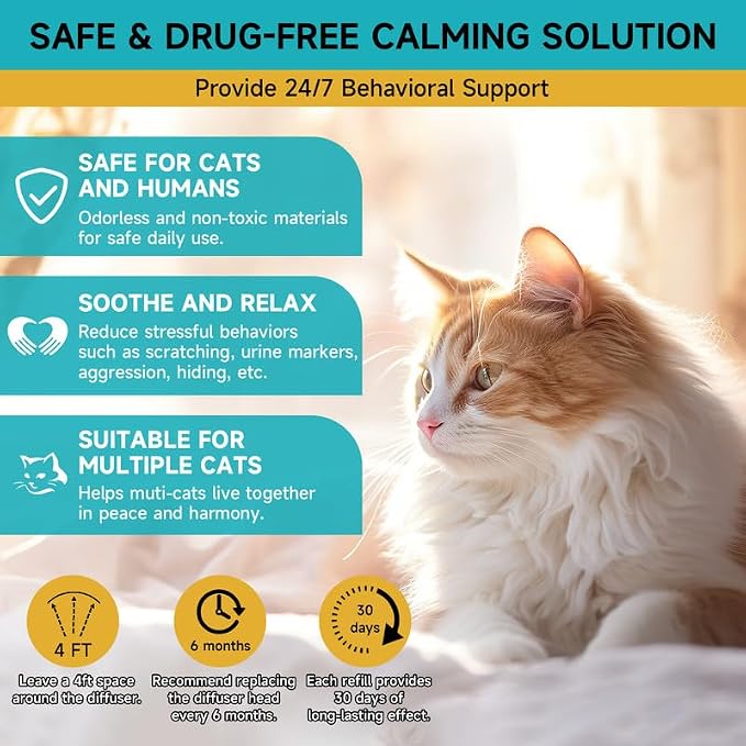 Woyamay Cat Calming Diffuser, Cat Pheromones Calming Diffuser, 6PCS | Cat Pheromone Diffuser Kit with 2 Diffuser + 4 Refill 48ml Vial - 120 Days Pheromone Diffuser to Calm Cats