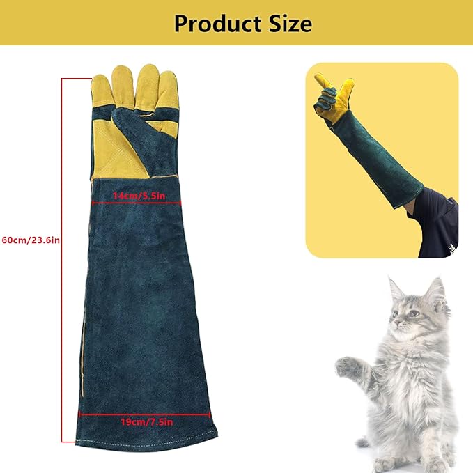 Animal Handling Gloves Bite Proof, 60cm/ 23.6In Scratch Resistant Leather Gloves for Grabbing/Grooming/Handling Dog Cat Bird Snake Parrot Lizard Reptile - Reinforced Palm Protection Gloves