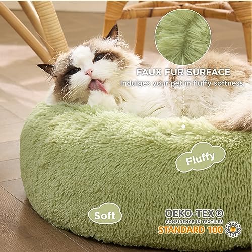 Bedsure Calming Cat Beds Donut Round Washable Kitten Bed,20 inches Green