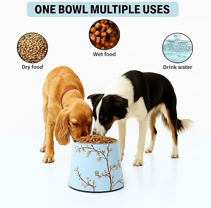 Ceramic Dog Bowl 7 inch Height for (30-55lbs) Medium Size Dogs Includes Food-Grade 304 Stainless Steel Bowls Non-Slip 3.8 Cups(860ml) Bowl Feeder in an Artful and Design(Blue)