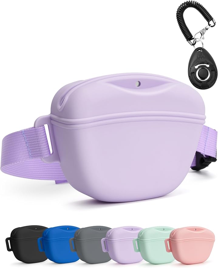 heouvo 1.67 Cup Dog Treat Pouch with Training Clicker (Violet) | Magnetic Closure, Silicone Bag with Waist Belt for Pet Training & Walking, Easy One-hand Treat Access