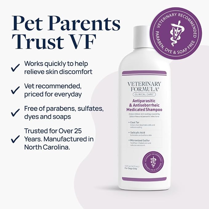 Veterinary Formula Clinical Care Antiparasitic Shampoo, 16 oz, 2-Pack | Antiparasitic and antiseborrheic shampoo for dry, irritated skin and occasional itchy spots