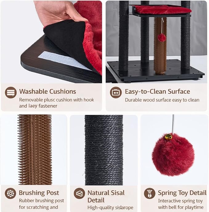 Heavy Duty Cat Tree, 67.7" Cat Tree for Indoor Cats Large Adult, Modern Cat Tower for Large Cats, Cat Tower with Scratching Post, Large Perch and Removable Pads,Black & Red