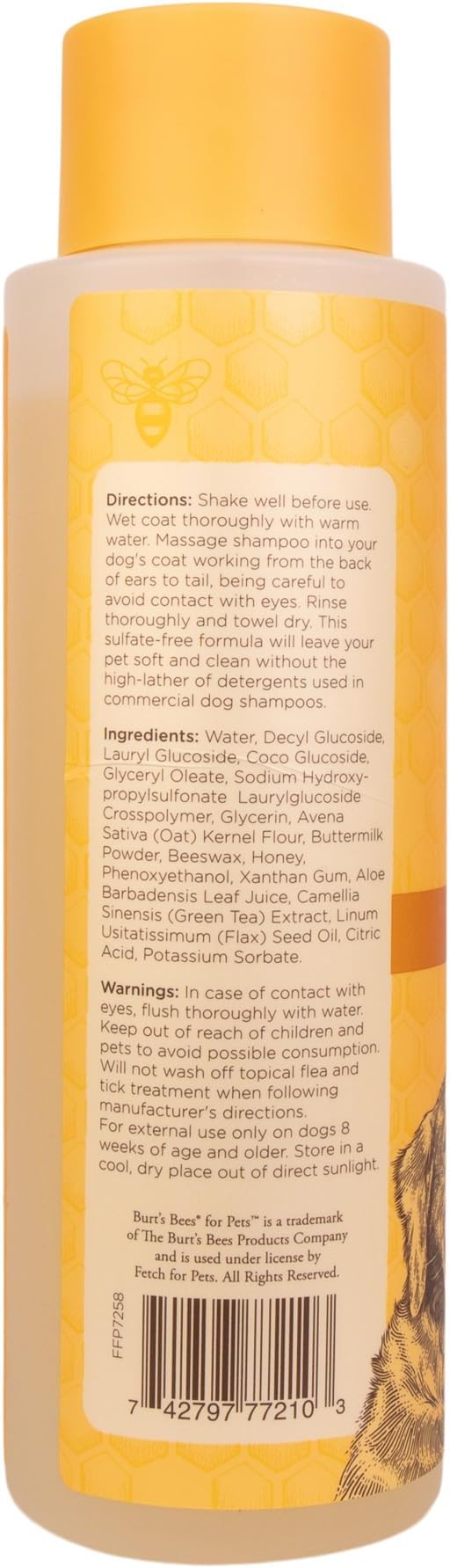 Burts Bees for Pets Oatmeal Dog Shampoo with Honey, Unscented, 16 Fl Oz | Soothing colloidal oat flour formula for itchy, sensitive dog skin, pH-balanced and sulfate-free for regular use