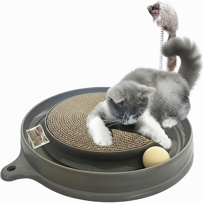 AUOON Cat Scratcher Toy with Ball Track - 3 in 1 Interactive Cat Toy, Cat Scratch Pad with Cat Ball Toy and Plush Cat Mouse Toy for Indoor Cats and Kittens (Gray)