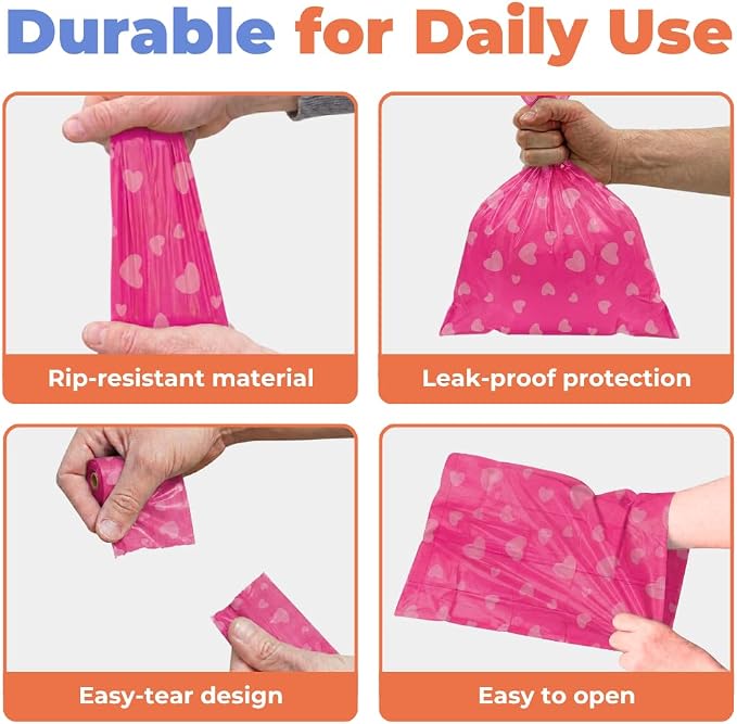 Best Pet Supplies Dog Poop Bags for Waste Refuse Cleanup, Doggy Roll Replacements for Outdoor Puppy Walking and Travel, Leak Proof and Tear Resistant, Thick Plastic - Pink Heart, 150 Bags