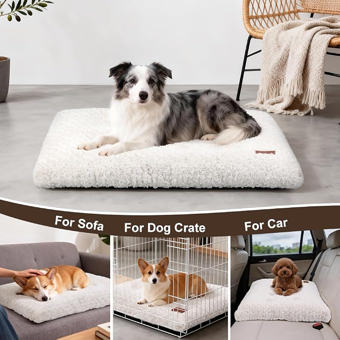 Dog Bed Crate Pad - Rosette Pattern White Velvet Pet Bed Anti-Slip Comfy Kennel Pad for Crates Rosette White L