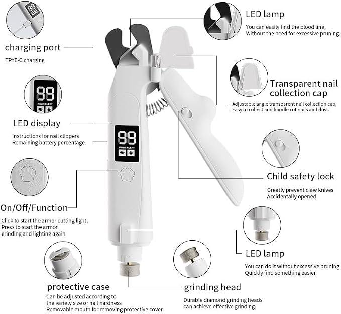 2 in 1 Nail Clippers with Grinder for Dog & Cat, Electric Rechargeable Claw Trimmer with LED, Safety Guard & Long Battery Cordless-Quiet Grooming for Pets, with 1 Hair Remover Glove