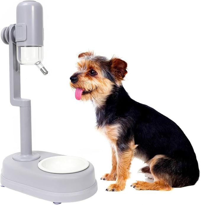 Pet Standing Water Dispenser Cat Dog Standing Ceramic Bowl Automatically Feeding Water Height Adjustable Detachable Pole (Gray, Large)