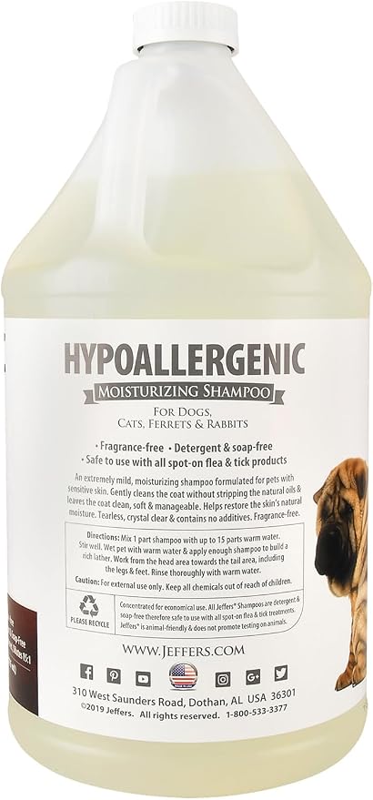 Jeffers Pet Hypoallergenic Moisturizing Shampoo for Dogs & Cats, 128 oz - Concentrated Unscented Pet Shampoo for Sensitive Skin, Soap Free Formula with Aloe Vera & Vitamins A, D & E, Made in USA