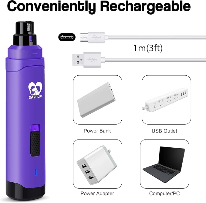 Casfuy Dog Nail Grinder Upgraded - Professional 2-Speed Whisper-Quiet Electric Pet Nail Trimmer Painless Paws Grooming & Smoothing for Small Medium Large Dogs & Cats (Purple)