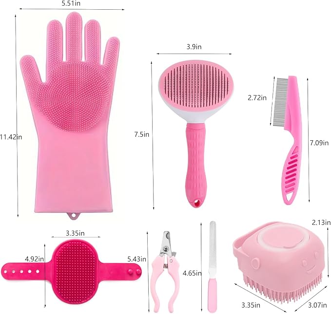 8PCS Dog Bath Supplies Set，Dog Washing Gloves，Shampoo Brush, Shedding Slicker Brush，Complete Pet Grooming Kit for Dog&Cat and Small Animal Grooming(8PCS-Bath-Pink)