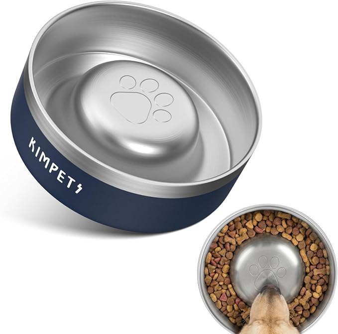 Dog Slow Feeder Bowls Food-Grade 304 Stainless Steel Dog Slow Feeder Bowl Double Wall Heavy Duty Non-Slip Rubber Base 2 Cups Capacity for Small Medium Dogs- Blue