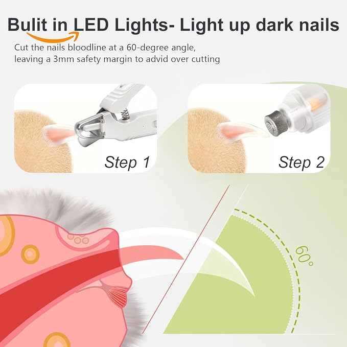 2-in-1 Dog Nail Grinder & Dog Nail Clipper for Sensitive Pets | Whisper-Quiet Claw Trimmer, with 2 LED Light & Safety Lock, Nail Clipping Collector Box, Painless Paws Grooming & Smoothing