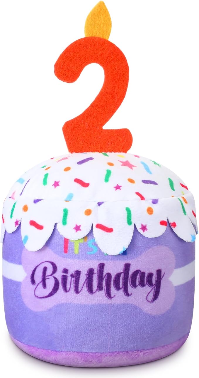 Dansydaisy Dog Birthday Cake Toy Squeaky Plush Toy for Girl Boy Gifts, Chew Accessories for Dog Birthday Party Decor Favor for Large, Medium and Small Dogs(2nd,Purple)