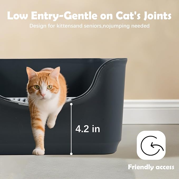 Large Cat Litter Box with High Sides,Cat Boxes for Indoor Cats,Cat Litter Pan for Kitty,Litter Box with Low Entry,Easy to Clean,Anti-Splashing (Dark Grey)