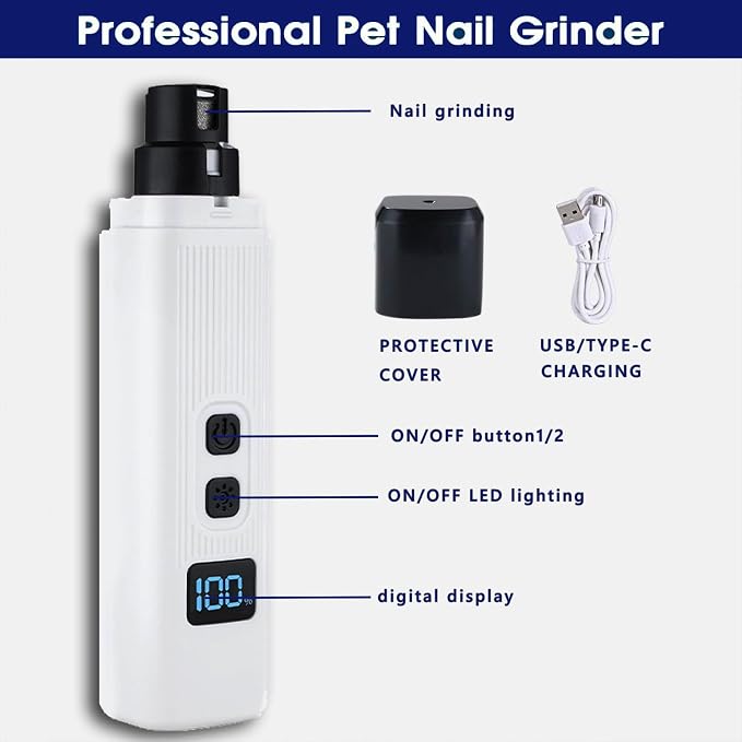 Dog Nail Grinder, Electric Pet Nail Grinder with 2 Speed Digital USB Rechargeable Dog Nail Trimmer Nail Claw Clippers with LED Lighting Quiet Paws Grooming for Large Medium Small Dogs Pet