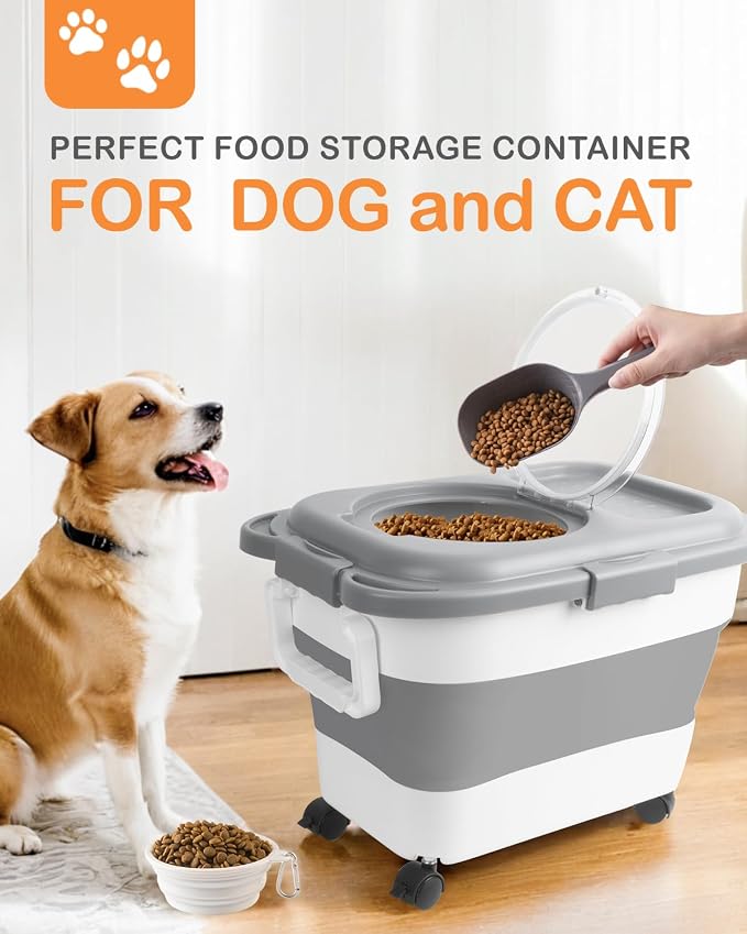 15-23 Lbs Dog Food Storage Container Airtight,Collapsible Pet Food Storage | Dog Food Container with Double Seal & Magnetic Lid,Cat Food Container with Wheels & Handle for Easy Moving,Small Jar,Scoop