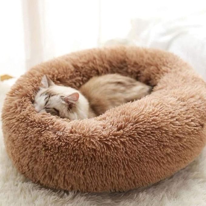 Faux Fur Dog Bed Cat Bed,Shag Round Anti-Anxiety Pet Calming Bed Doughnut Cuddler for Medium Large Puppy Dog Cat Kennel Cushion Self Warming Bed (28'' D x 8'' H, Coffee)