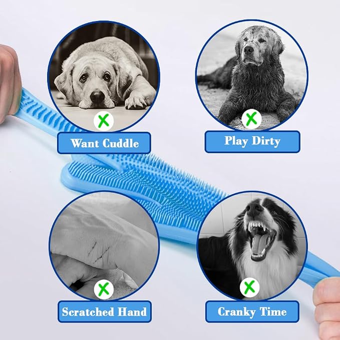 Pet Grooming Gloves Pet Hair Remover Cat, Dog Washing Gloves Silicone Heat Resistant Cleaning Gloves with High-Density Teeth Grooming Gloves for Dogs, Cats, Horses, Rabbits (1 Pair - Blue)