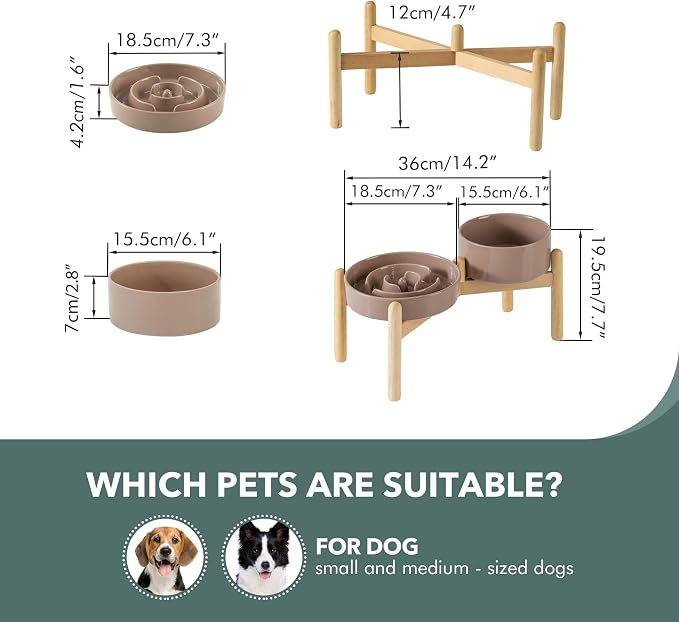 Havniva 7.3” Raised Slow Feeder Dog Bowls Set, 1.2 Cups Ceramic Slow Feeder Dog Bowl and 6.1” Dog Water Bowl with Elevated Wooden Stand Puzzle Dog Food Bowl for Small Dogs Anti-Gulping & Anti-Choking