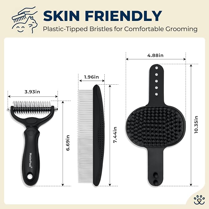 3-in-1 Pet Grooming Kit Rake Metal Comb & Bath Brush Black | Double-Sided Dematting Undercoat Rake, Deshedding Metal Comb, Bath Brush For Dogs and Cats