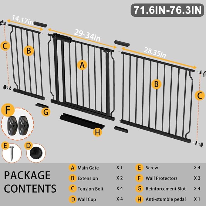 Fairy Baby Extra Wide Baby Gate 71.6-76.3 Inch Wide, Walk Through Pressure Mounted No Drill for Doorways, Long and Large Tension Gate for Pet and Kids, Black