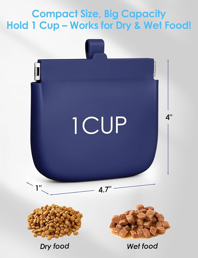 1 Cup Silicone Dog Training Treat Pouch (Blue) | Clip on Leash or Belt Loop, One-Hand Access with Pull Tab, Small Pocket Sized, Auto Closing Lid for Pet Training & Walking