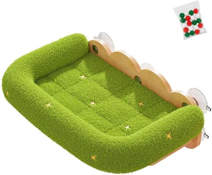 Cat Window Perch,Soft Cushion with Five Powerful Suction Cups,Green | Rubber wood material,Five Powerful Suction Cups,Hand-Embroidered Details,Solid Wood Base