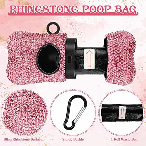 LEIFIDE 2 Pack Rhinestone Retractable Dog Leash and Bag Holder Set Pink Bling Bone Shaped Pet Waste Bags Dispenser with Metal Clip Heavy Duty Dog Leash for Most Puppy