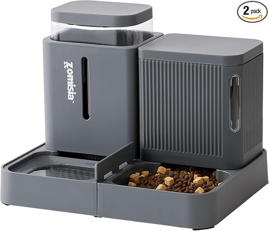 ZOMISIA Gravity Cat Feeder and Water Dispenser, 2 in 1 Automatic Cat Feeder with 180 Degree Rotatable, 2 Pack Large Capacity Self Feeding for Small Medium Dog Puppy Kitten, Grey, 0.8 Gallon x 2