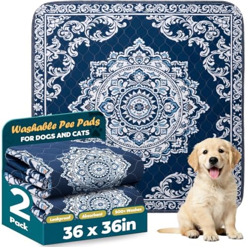 Washable Pee Pads for Dogs 36" x 36" - 2 Pack, Navy Blue, Stylish Reusable Puppy Training Pads - 100% Waterproof & Leak-Proof & Non-Slip, Potty Pads for Whelping, Crate, Floor