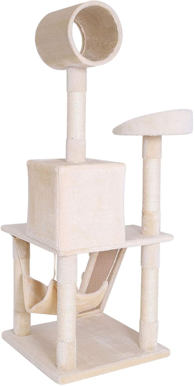 lionto Scratching Tree for Cats with Hammock & Tunnel, Height 52,4 in, cat Tree with sisal Rope & Soft Plush, Cozy Lying Areas & Caves, Suitable for Small & Large Cats, Beige