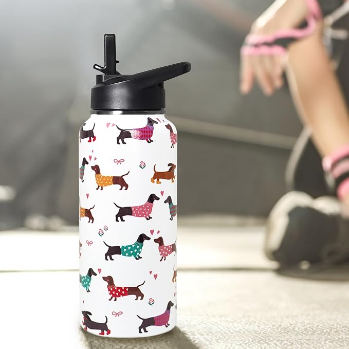 32oz Dachshund Insulated Stainless Steel Sports Water Bottle with Straw, Hiking, Cycling, Gym, Dog Gifts for Women