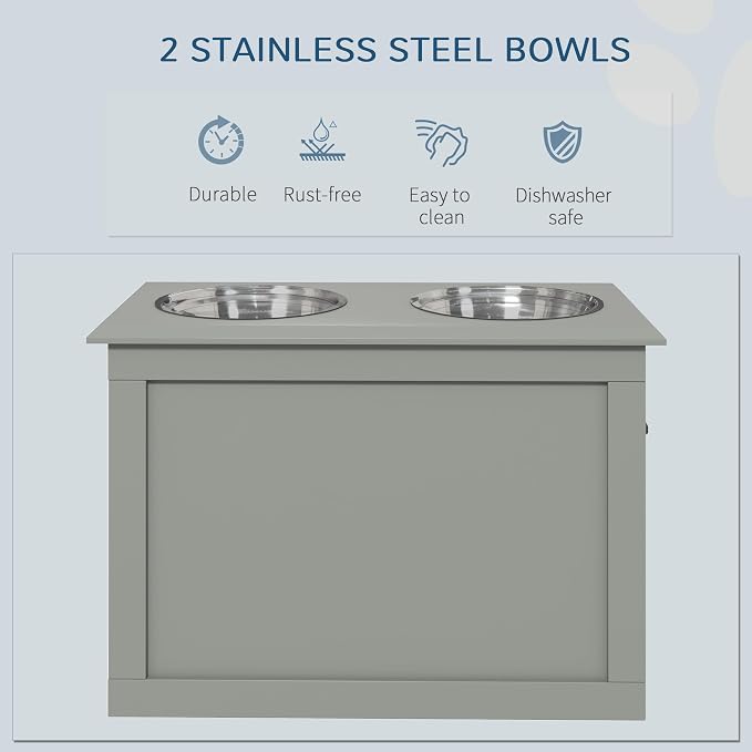 PawHut Raised Pet Feeding Storage Station with 2 Stainless Steel Bowls Base for Large Dogs and Other Large Pets, Gray | with2 Stainless Steel Bowls Base for Other Large Pets