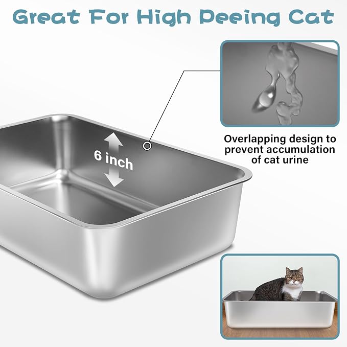 Stainless Steel Litter Box, 17.7"x13.8"x6" Medium to Large Metal Litter Box for Kitty/Cat/Rabbits, Easy to Clean, Non Stick Litterbox No Smell for Adult Cats